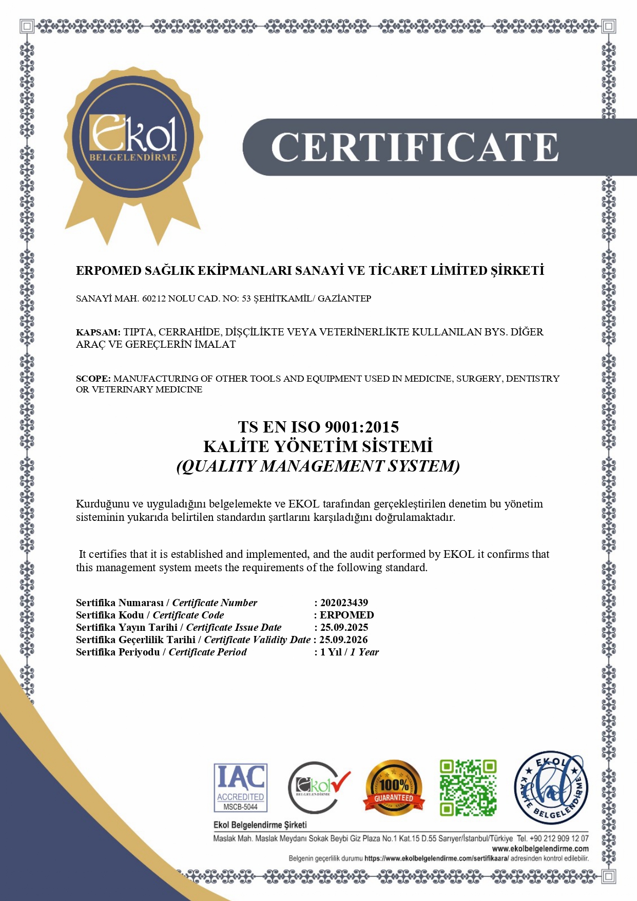 Erpomed ISO 9001:2015 Quality Management System Certificate