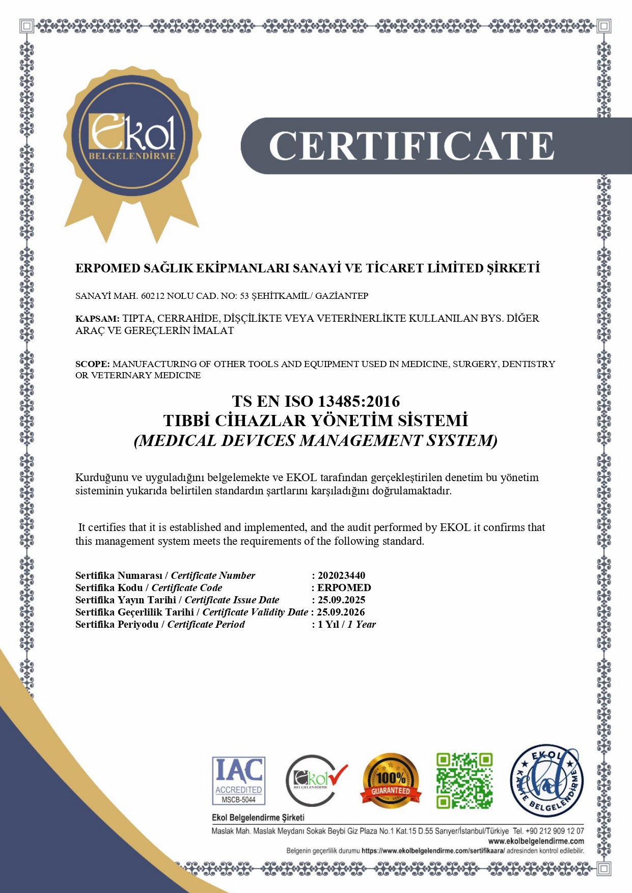 Erpomed ISO 13485:2016 Medical Devices Quality Management System